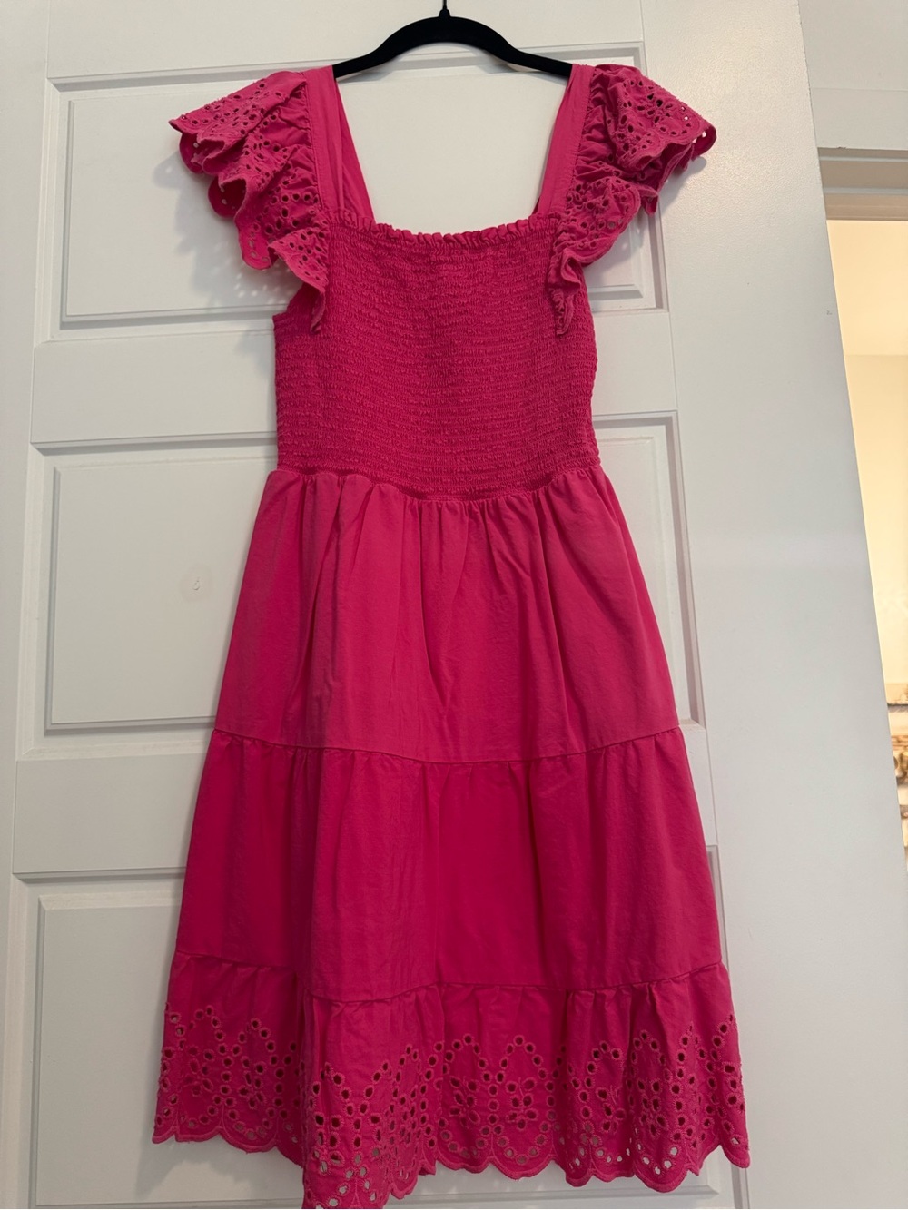 Hot Pink Ruffle Sleeve Eyelet Dress